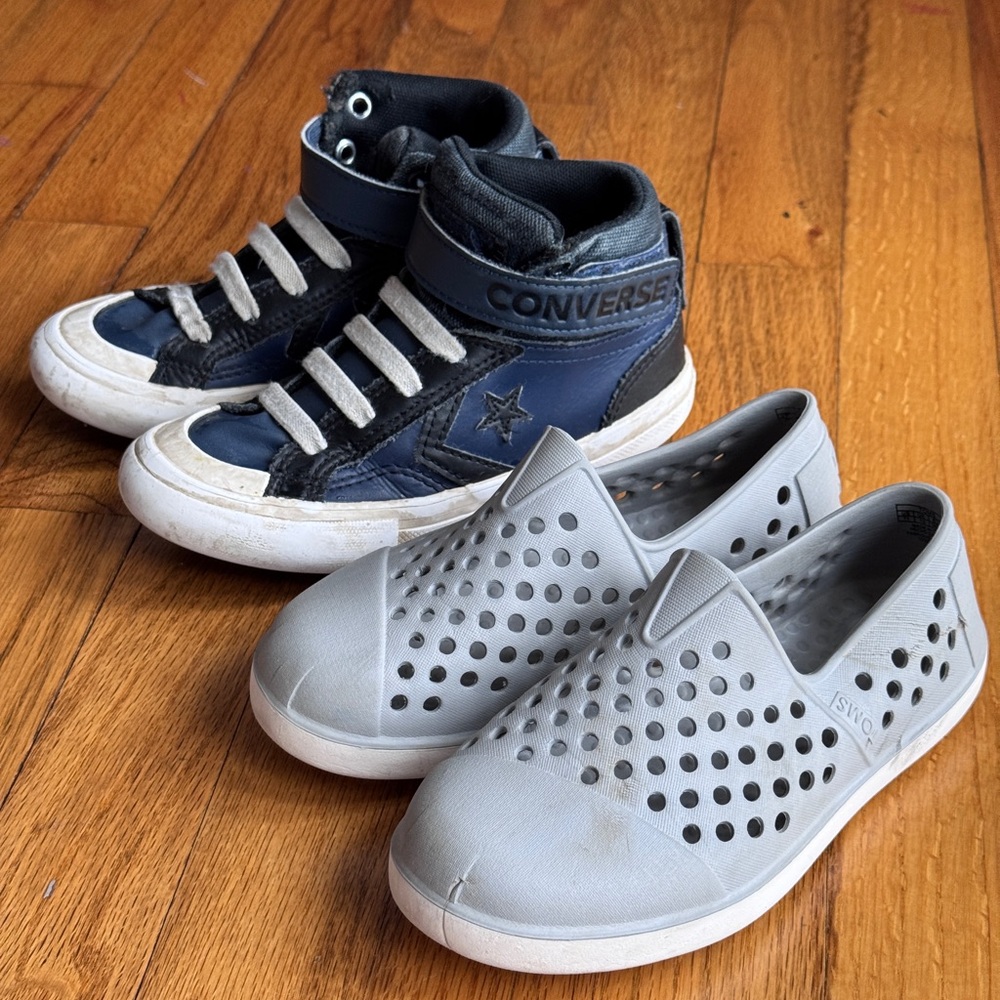 Converse Navy High-Top Kids Sneakers with Light Gray Slip-On Pair